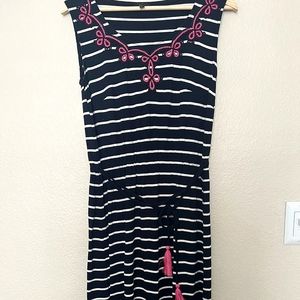 Horizontal Navy & White Maxi Dress with pink details